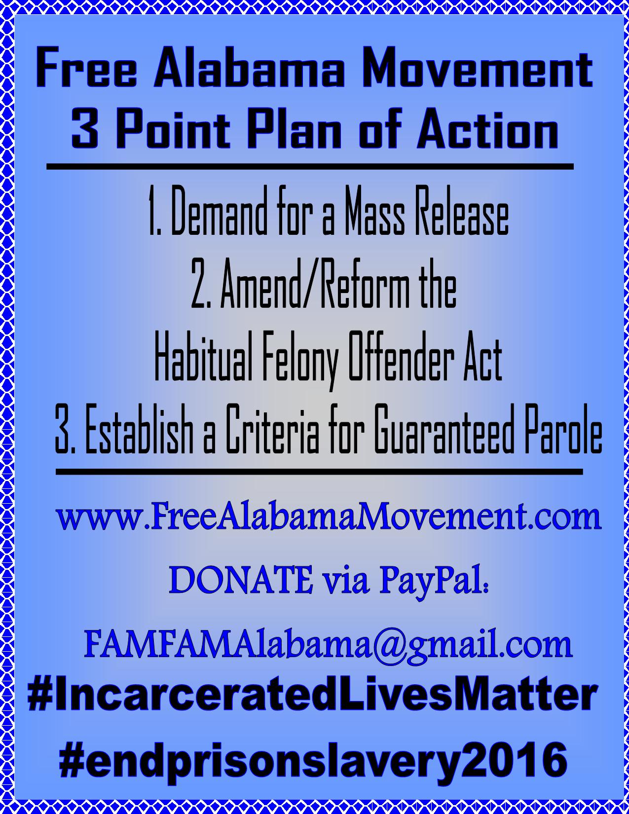 Announcement sign for Free Alabama Movement 3 point plan of action